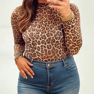 Plus Size Women's Leopard Print Sheer Mesh Mock Neck Long Sleeve Slim Fit See-Through Party Club Night Out Top