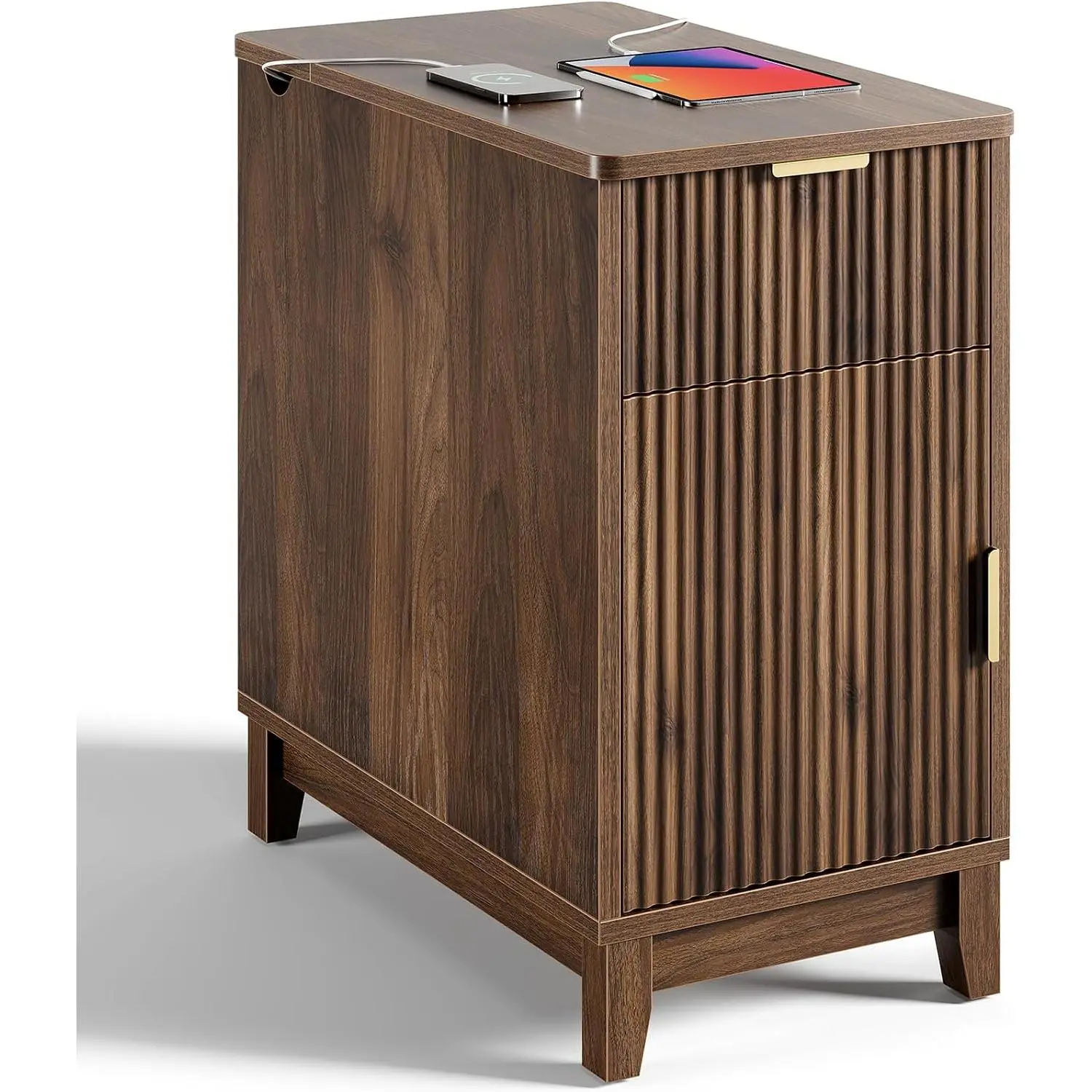 End Table with  Station - Narrow Side Table for Living Room, Fluted Night Stand with Drawer and Storage Cabinet,  Nightstand with Adjustable Shelf for Bedroom Small Spaces, Walnut