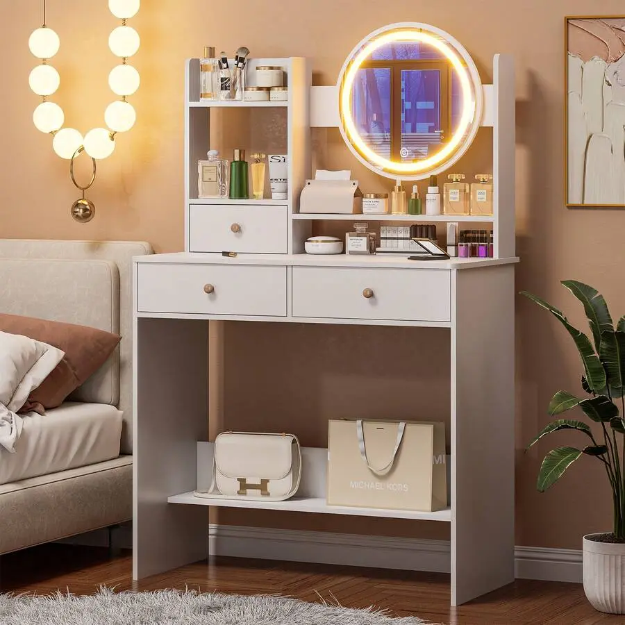 Vanity Desk With LED Lighted Mirror, Makeup Vanity Desk With 3 Drawers & Storage Shelves, 3 Color Modes, Dressing Table For Bedroom