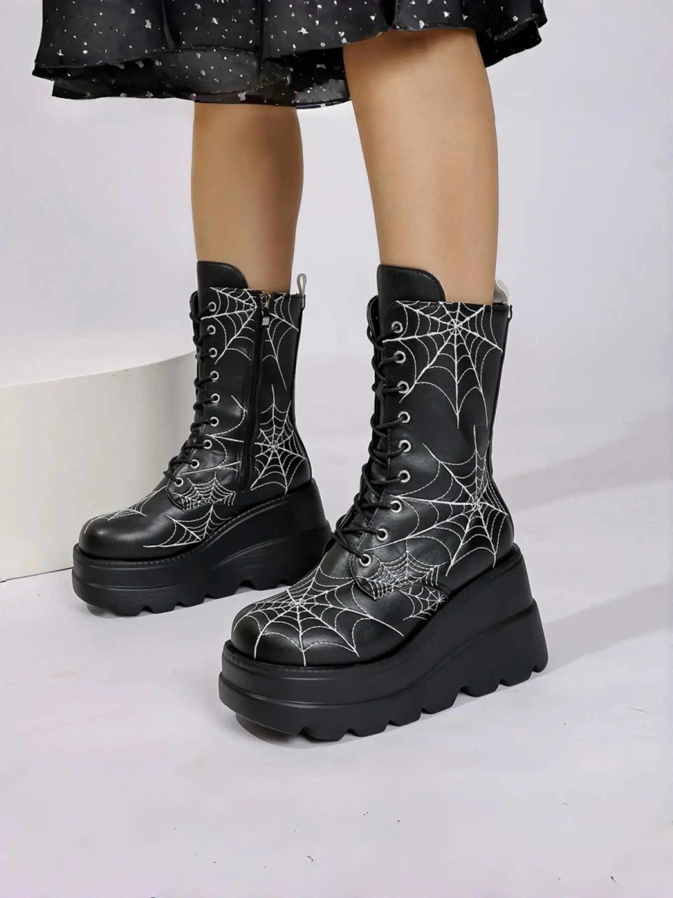 Gothic Punk Boots, Spider Web Embroidery, Thick Sole, Mid-Calf, Side Zipper, PU Leather, Rubber Sole, All Seasons, Footwear