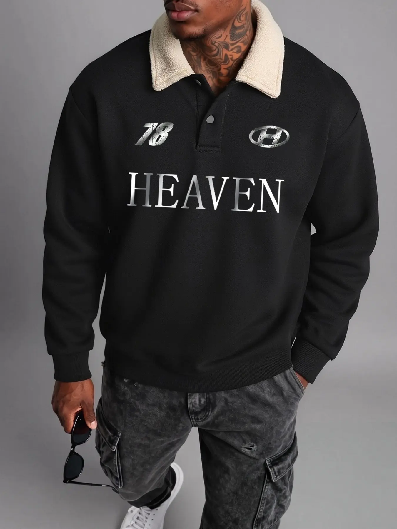 Men's American Racing 78 Number Print Fleece Lapel Polo Shirt, Versatile Pullover Sweatshirt, Stylish and Comfortable