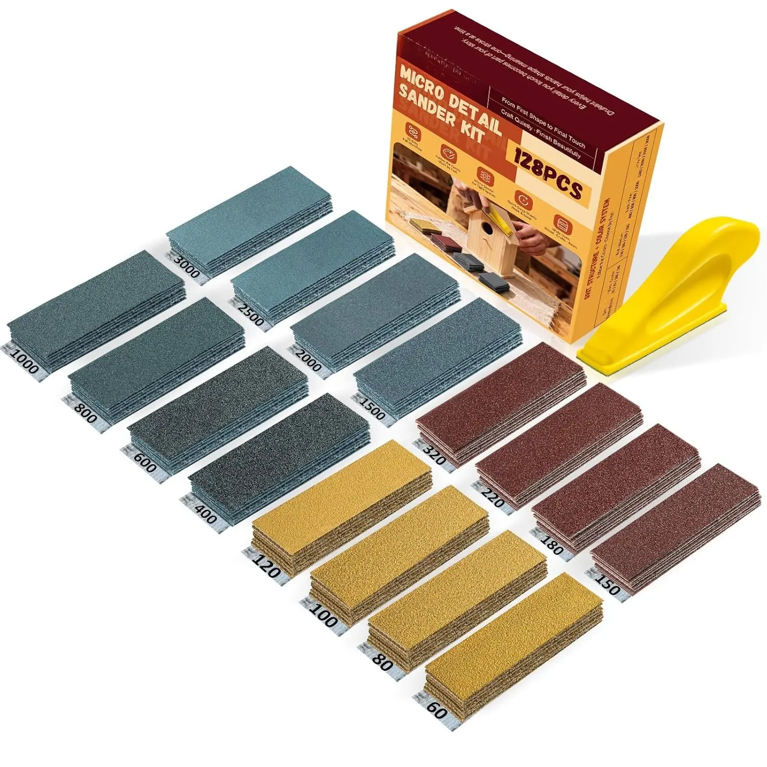 128 count   Sander & Sandpaper Kit, Detail & Mini Hand Sander with Small Sanding Block, 80–3000 Grit Sandpaper  for , Crafts, Furniture, Tight Spaces & DIY Projects
