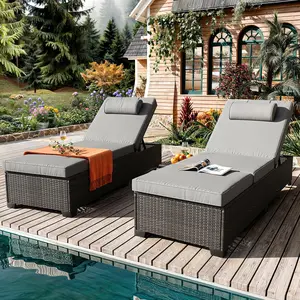 2-Piece PE Wicker Chaise Lounge Set – 5-Position Adjustable Recliner – Removable Tabletop, Cushions – Outdoor Sun Loungers for Pool, Deck, Garden – Patio Furniture