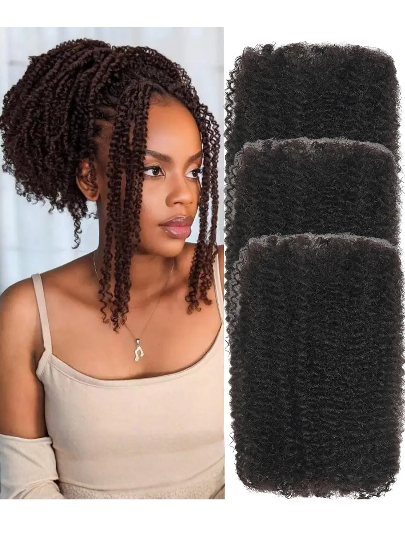 3-Pack,Human Hair Afro Kinky Curly Bulk Hair 30g/Pack, Natural Black Braiding Hair Extensions For Women, 8-12 Inch Deep Curly Human Hair Weave, Easy Braiding No Shedding Soft Texture For Protective Styles