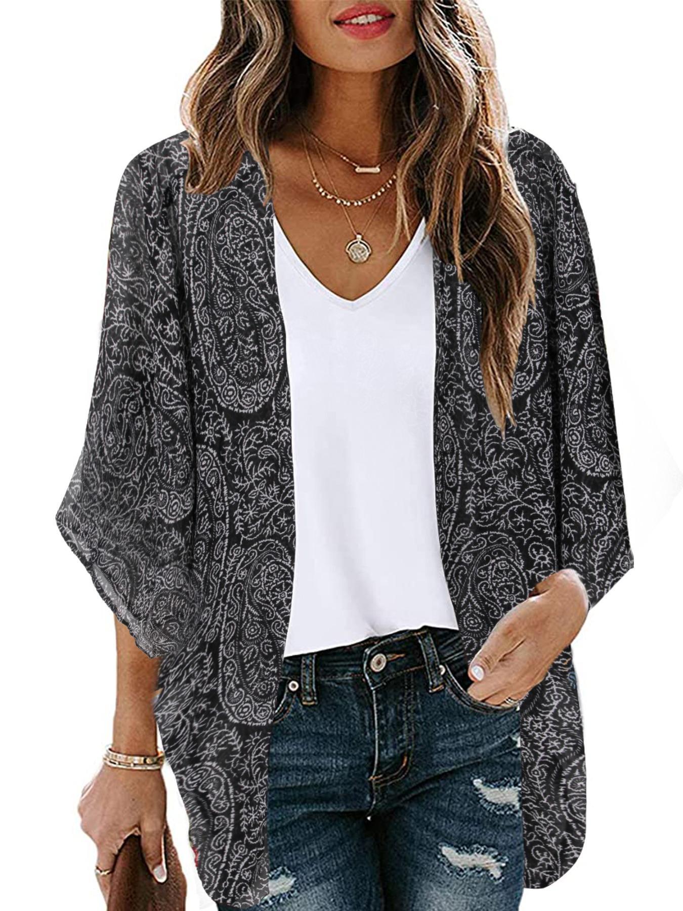 Women's Paisley Print Batwing Sleeve Cover Up, Casual 3/4 Length Sleeve Open Front Cover Up For Summer, Fashion Women's Swimwear For Beach Vacation, Swimwear Coverups