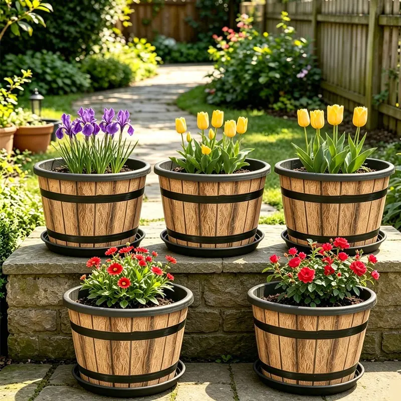 5 Piece Set Whiskey Planter Vintage Barrel Shape Plastic Flower Pot with Tray, Retro Design Decorative Plant Container, Home Garden Accessory