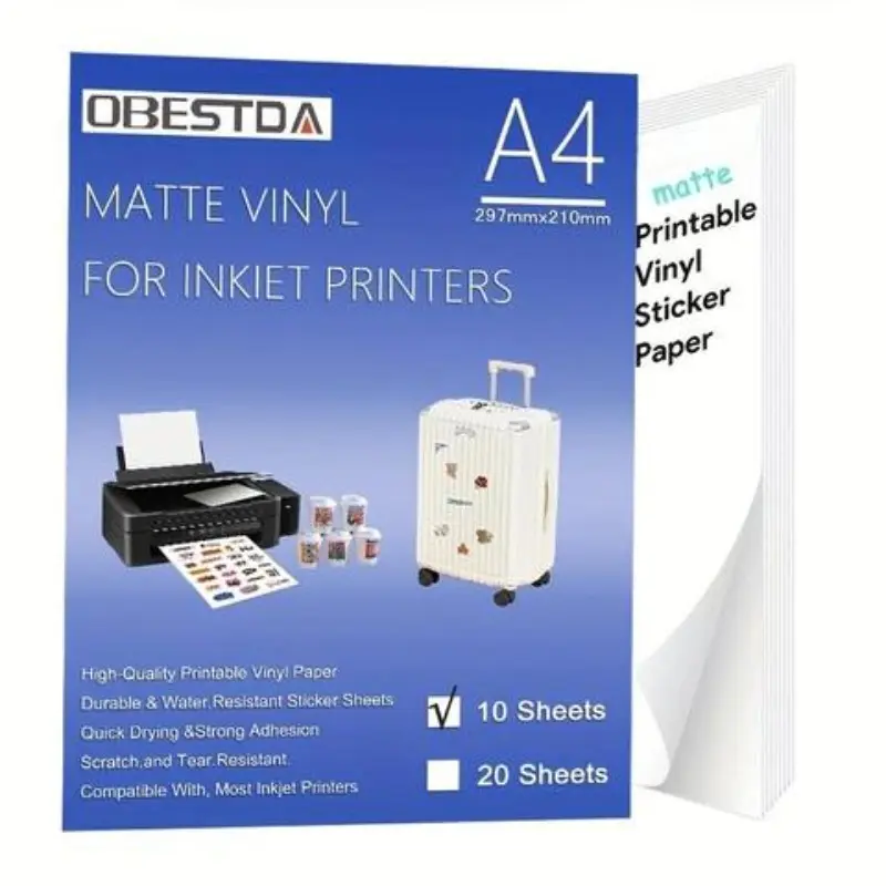 10 sheets of glossy/matte waterproof vinyl sticker paper A4 tear resistant label stickers, suitable for inkjet or laser printers and Cricut cutting machines