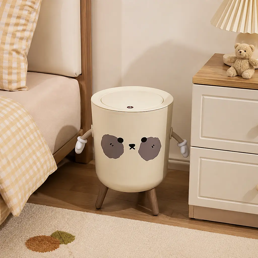 Kawaii Decorative Waste Bin for Girls - Press-Top Lidded Plastic Touchless Garbage Bin with Wooden Tripod Stand, Odor-Control, Fixing Ring, Replaceable Liner, Nordic Style for Bedrooms, Office