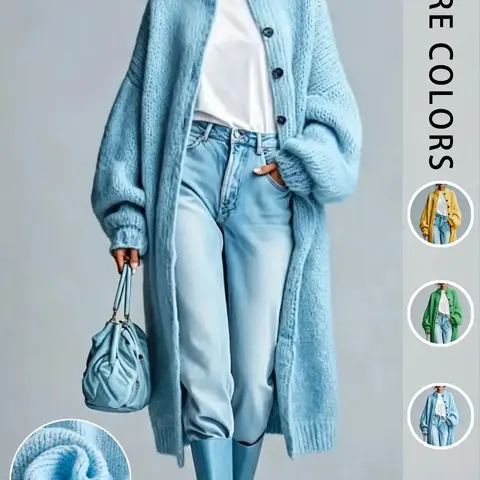 Women's Solid Color Casual Long Knit Cardigan, Button Stand Collar Long Sleeve Fall & Winter Loose Baggy Oversize Sweater Coat, Comfortable Outerwear