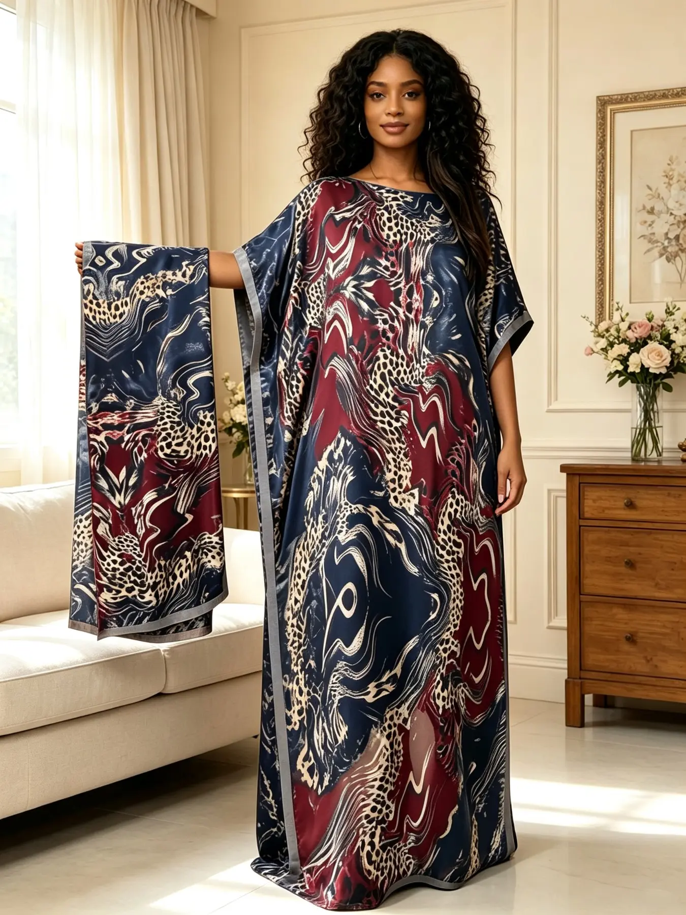 Plus Size Women 2 Piece Satin Caftan Maxi Dress Set, Navy Burgundy Abstract Fluid Leopard Print Wide Sleeve Loungewear Nightwear Sleep Robe with Matching Head Scarf, Outfit for Home, Hotel and Beach Vacation
