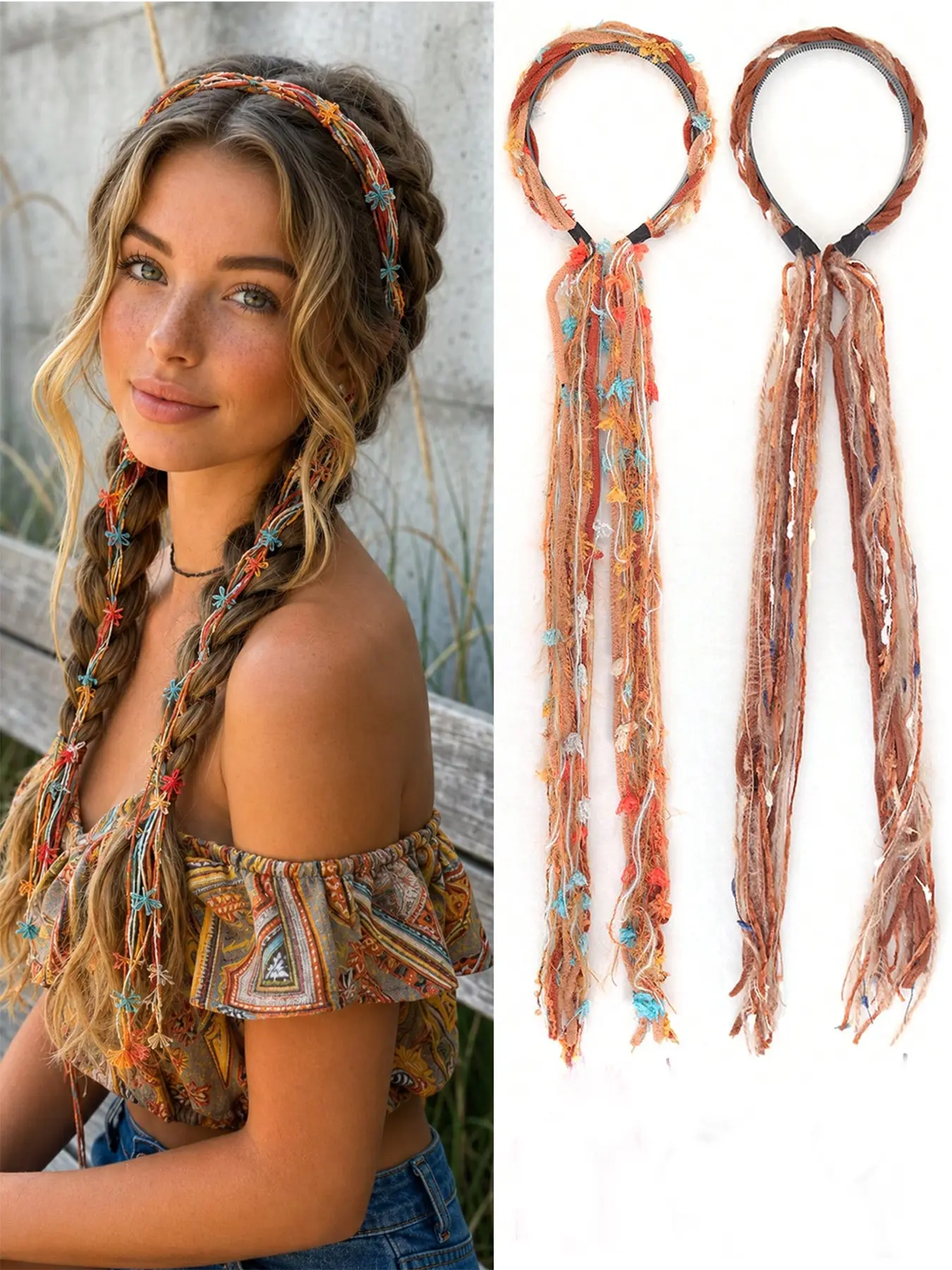 Maillard Handmade Braided Headband Wig, Black Long Synthetic Braided Hairband with Colorful Tassel Decoration, Braided Hair Extension, Lightweight Holiday Cosplay Daily Hair Accessory, Easy-to-Wear No-Braid Faux Braids, Perfect for Music Parties