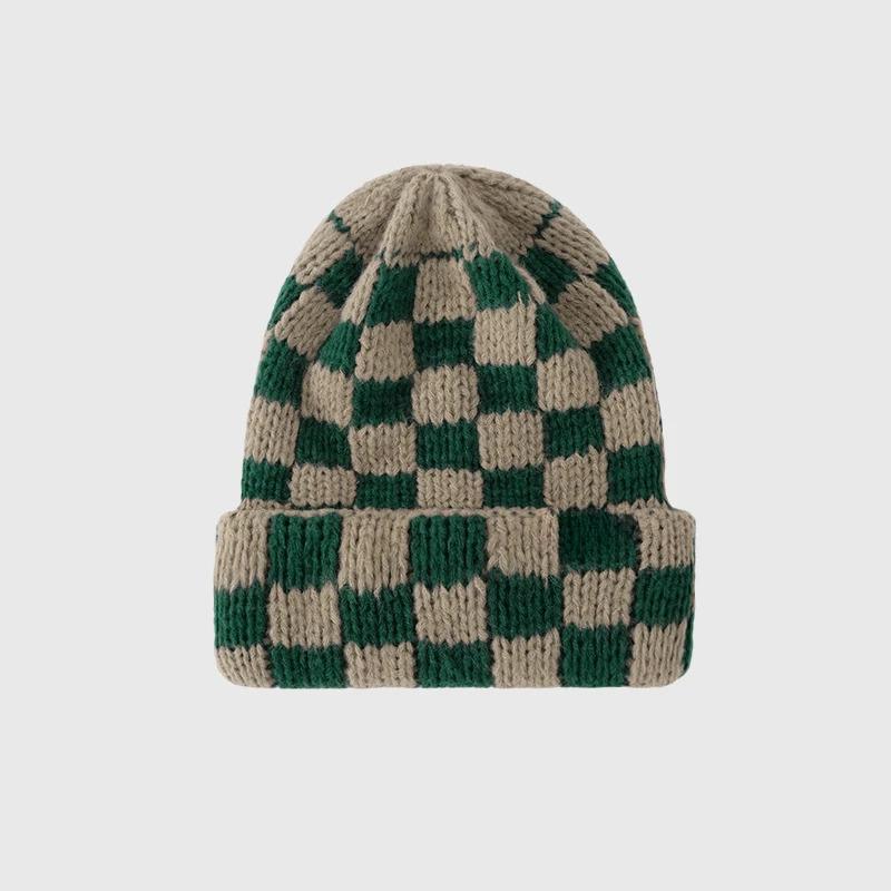 New Japanese Korean Winter Check Plaid Skullies Beanies Knit Hat for Women Ins Luxury Brand Y2k Bonnet Heavy Warm Hat Casual Cap