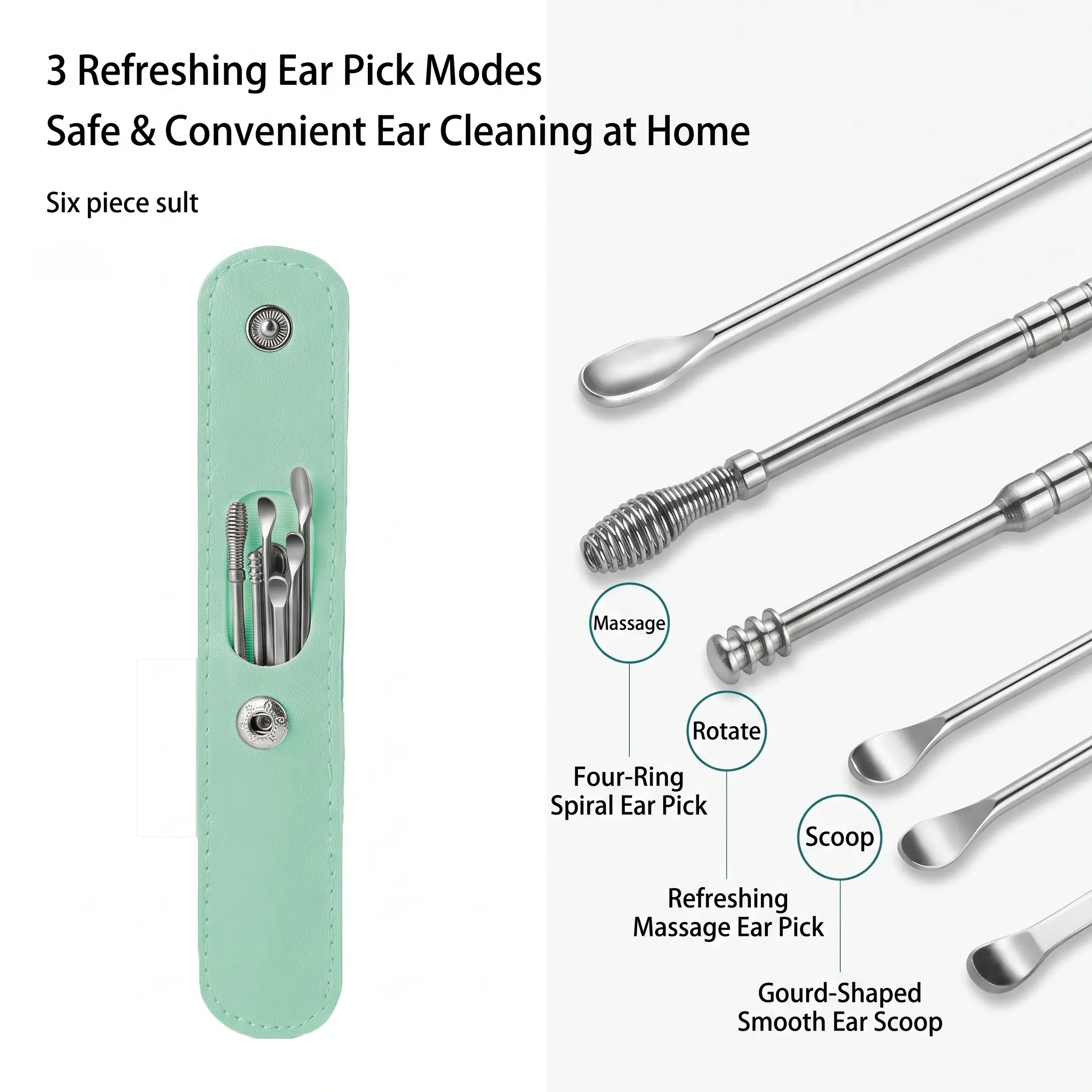 6 Counts Set Stainless Steel Spiral Ear Massage Cleaning Tool,Stainless Steel Earwax Removal Tool kit,Mini Portable Ear-YY1