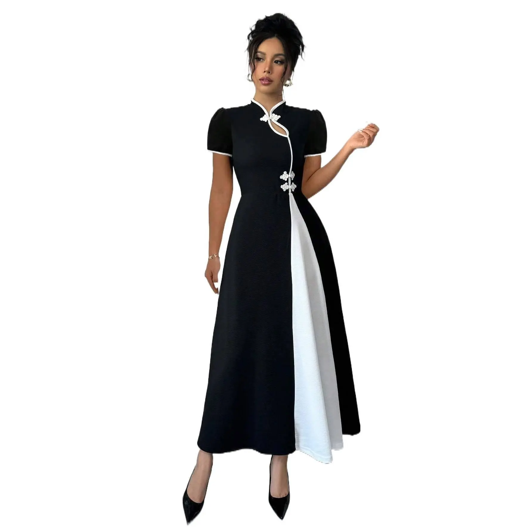 Plus Size Elegant Chinese Style Cheongsam Dress, Frog Button Decor Modified Qipao, Simple Fashion Outfit For Daily Casual Occasions