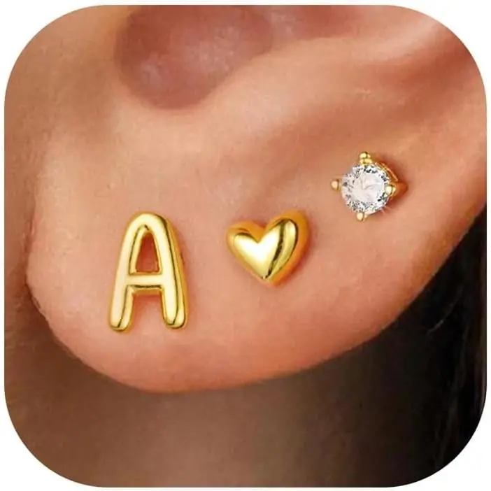 3 Pairs S925 Sterling Silver Post Initial Stud Earrings, 14K Gold Plated A-Z Heart Letter Initial Earrings Jewelry Gifts for Teen Girls Trendy(Gift)