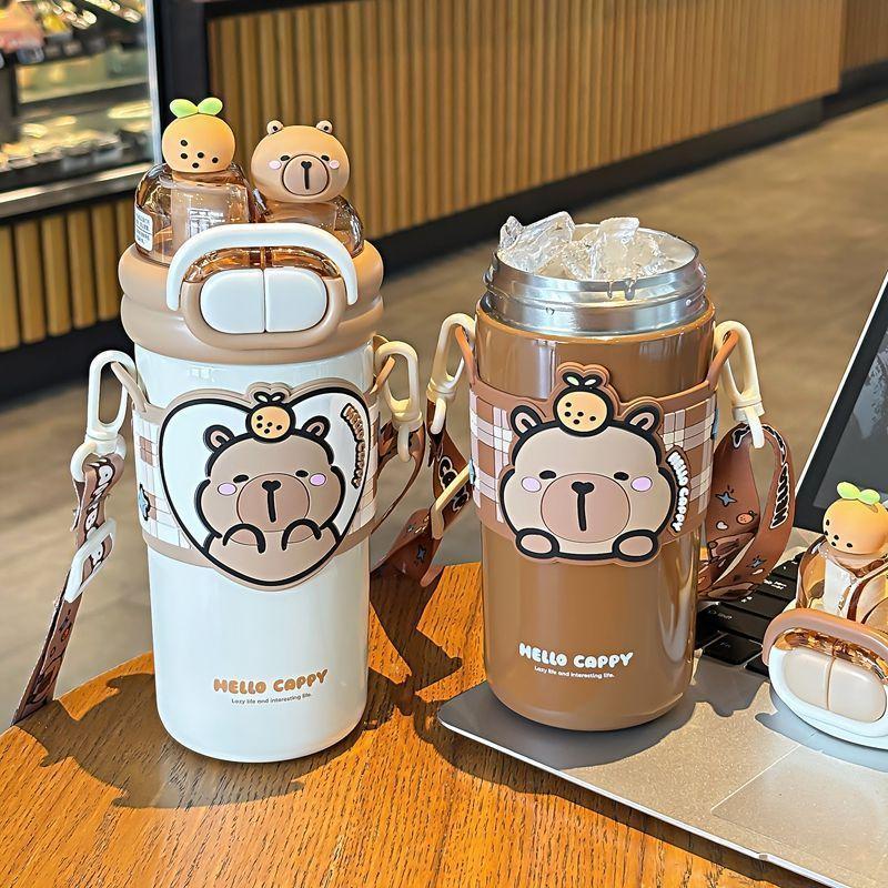 Capybara Children's Straw Insulated Cup for Kids 316 Stainless Steel Cartoon Double Drinking Diagonal Cross Travel Water Bottle