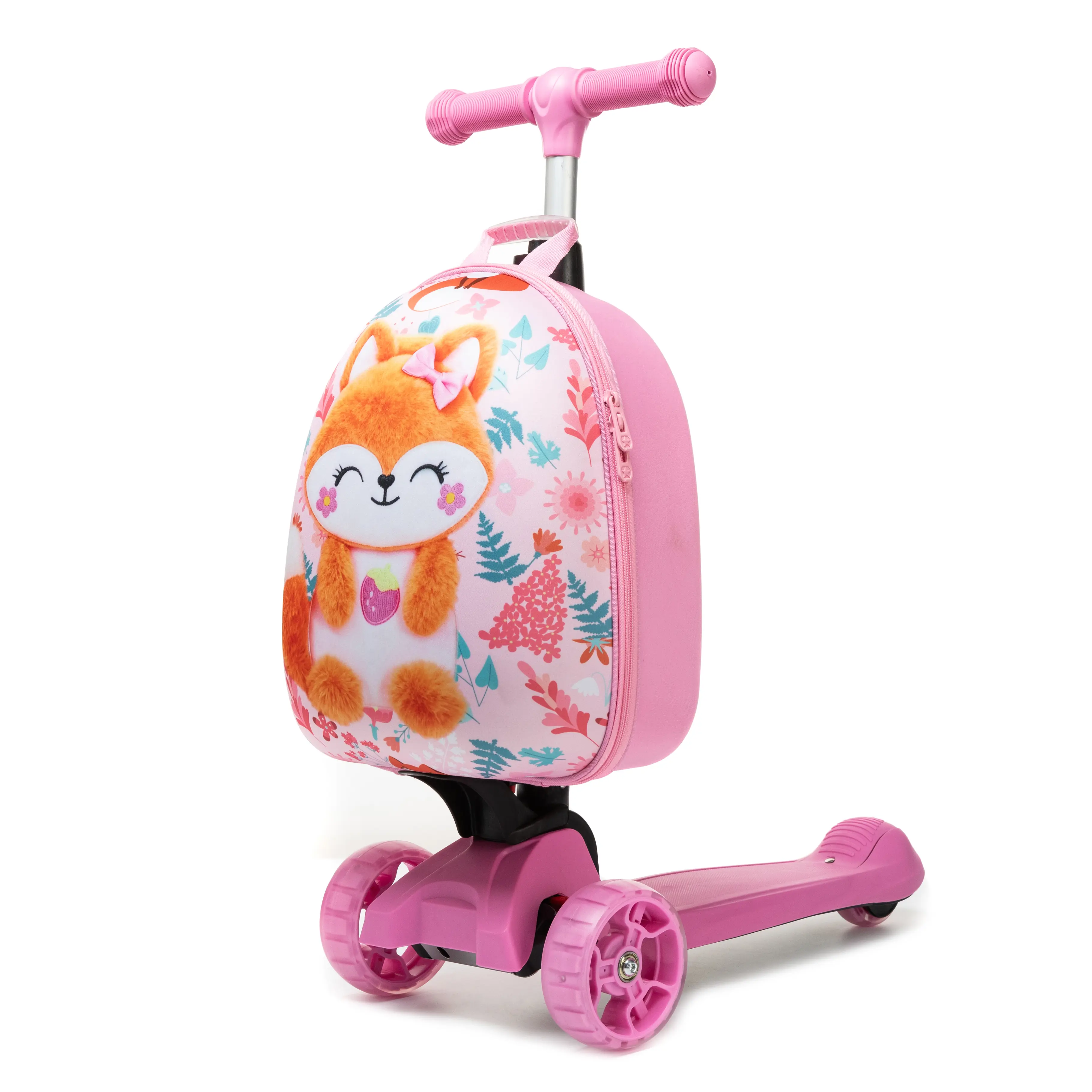 Kids 2-in-1 Foldable Kick Scooter Suitcase - Cute Forest Fox 3-Wheel Light-Up Ride-On Travel Toy, Cabin Carry-On Luggage for Toddlers