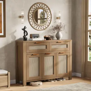 High-Leg Rattan Sideboard Buffet Cabinet with 3 Doors, 2 Drawers, Adjustable Shelf, High-Leg Storage Cabinet with Anti-Tip Hardware,for Kitchen,Dining Room,Entryway,Living Room, Light/Dark Oak