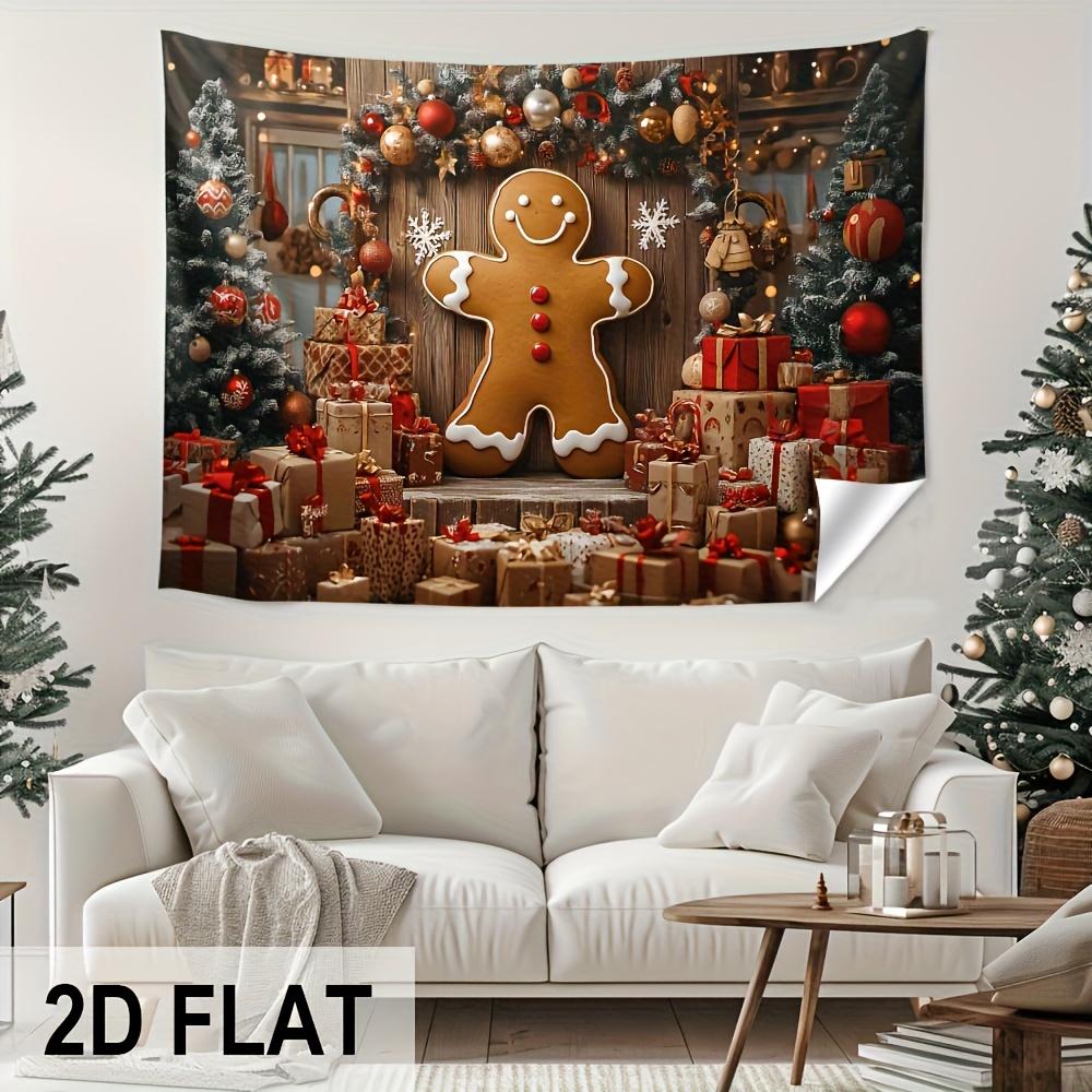 Christmas Gingerbread Man Wall Tapestry, 2D Flat Print Velvet Fabric Holiday Backdrop with Candy Canes & Presents for Living Room Bedroom Dorm Festive Wall Decor