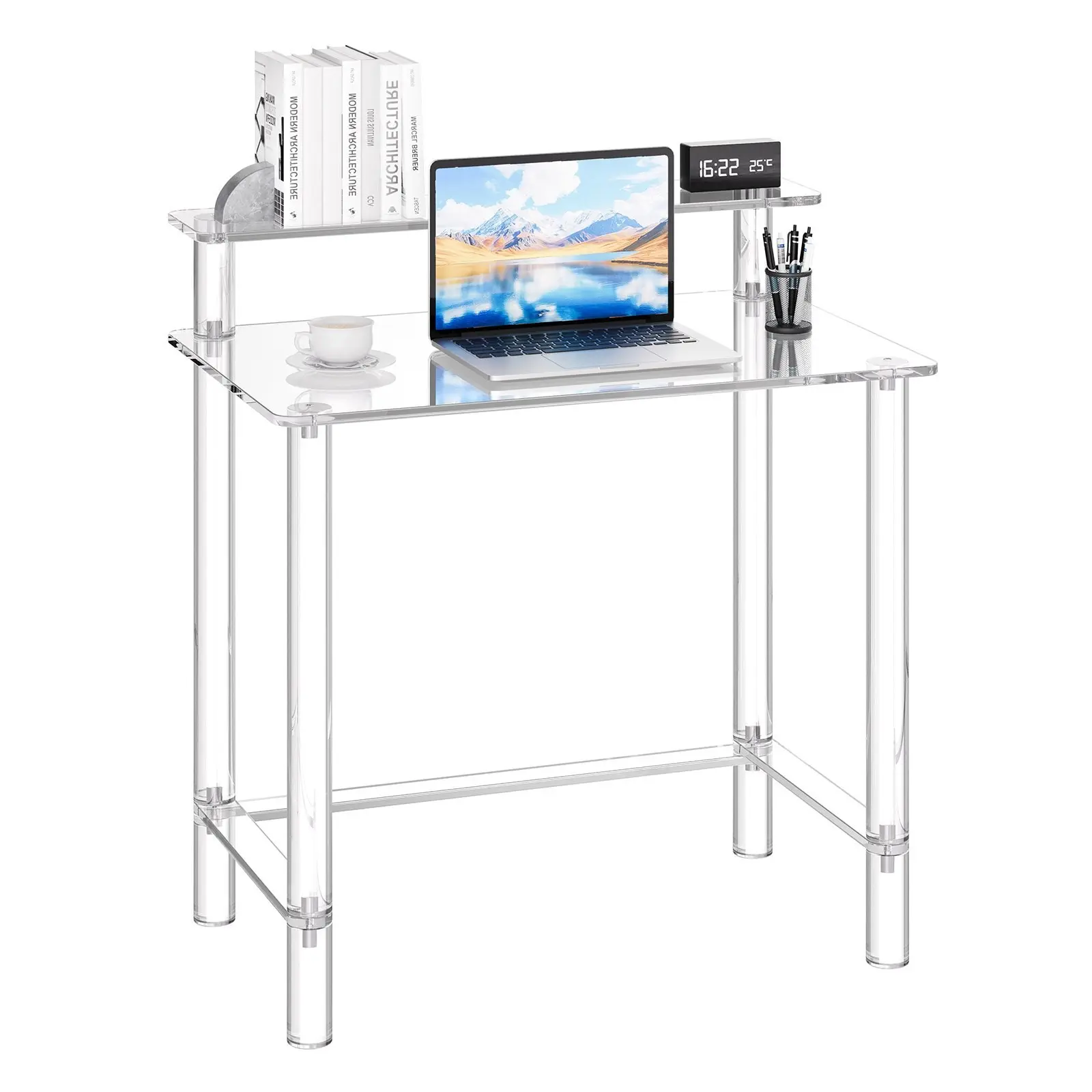 Clear Acrylic Table, Two-Tier Office Desk With Monitor Stand, Acrylic Study Computer Desk, Modern Side End Table And Nightstand For Bedroom, Office, Study, Cloakroom, 19.7 x 31.5 x 34.7 In (Clear)
