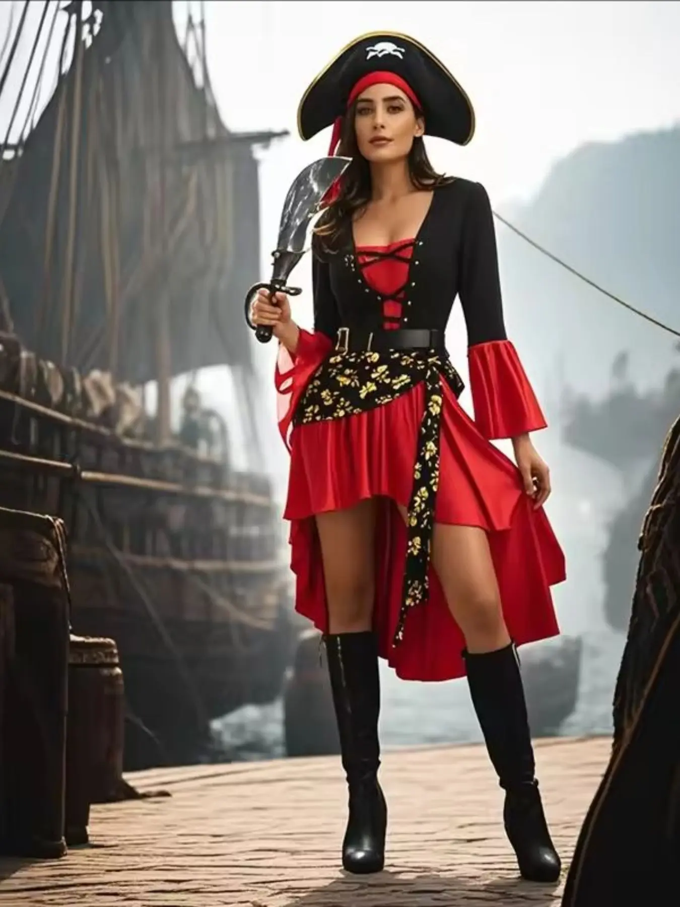 Women's Caribbean Pirate Captain Costume, Gothic Halloween Role Play Dress, Adult Cartoon Pattern Fitted Dress, All Seasons Wear