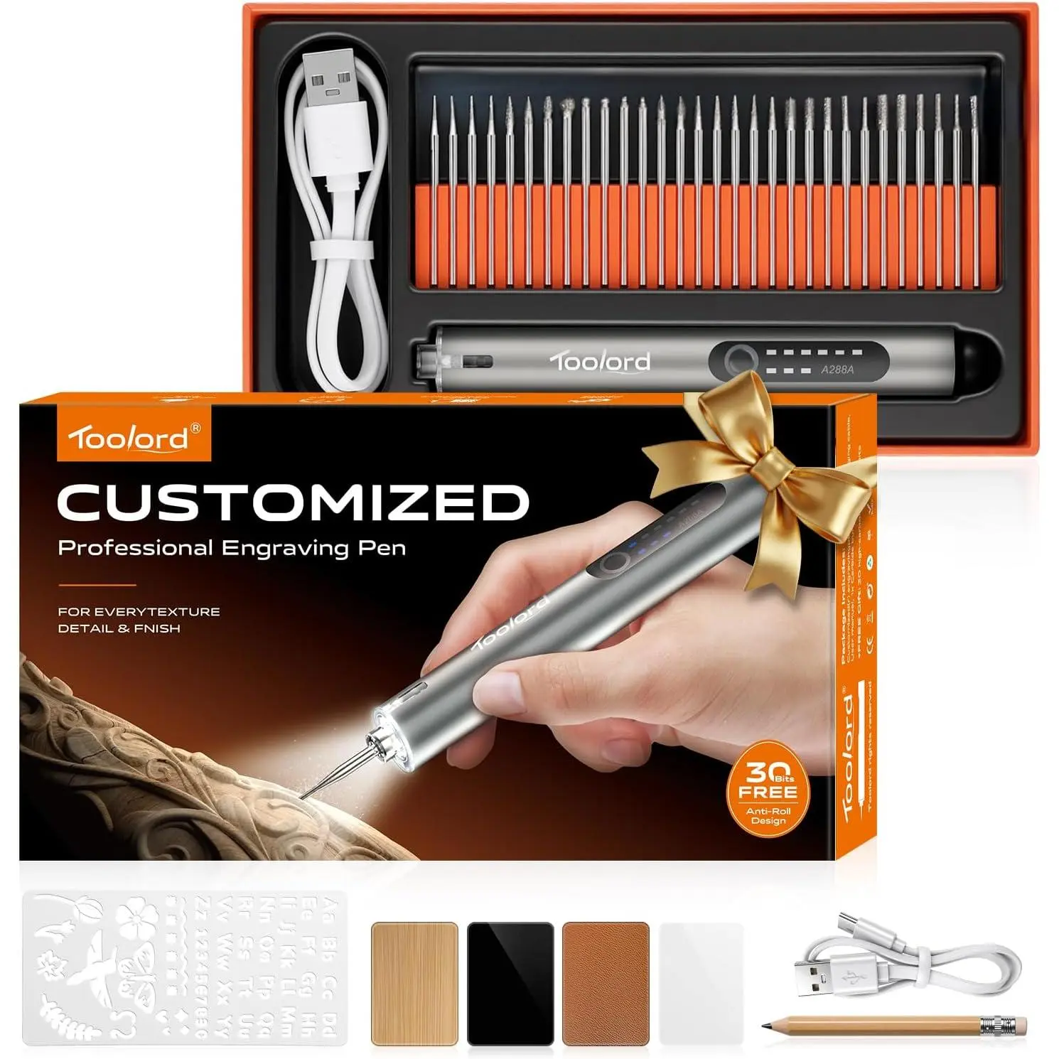 Engraving Pen with LED Light,HollowCup Motor,USB Tool for,Wood,and,DIY Engraving Kit with 30 Bits,Silver