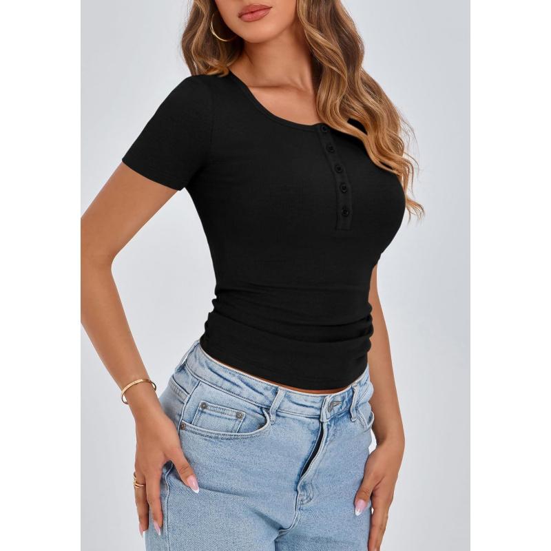 Women's 2026 Fall Summer Short Sleeve Tops Ribbed Henley Button Slim Fit Basic Casual T Shirts Blouse Clothing