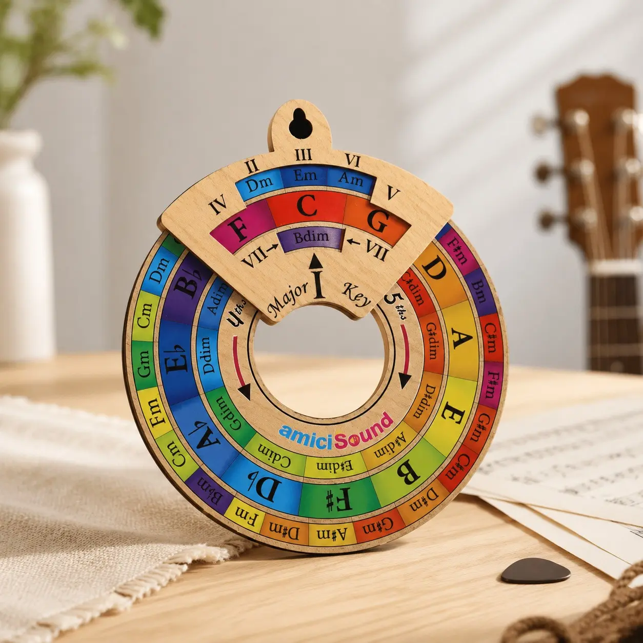 Music Theory Circle of Fifths Spinner, Wooden Educational Chord Wheel with Major and Minor Scales, Practice Aid for Guitarists, Pianists, Teachers