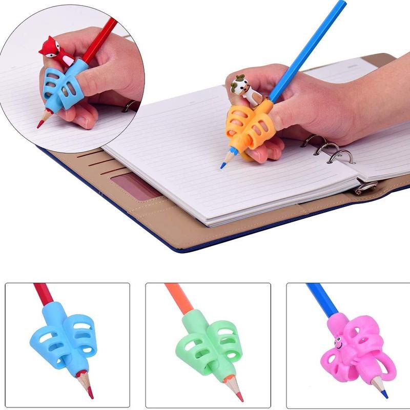 Pencil Grip & Clip Set, Including 4 Counts Pencil Grip & 4 Counts Animal Design Clip, Handwriting Correction Tool, Office School Supplies, Summer Essentials