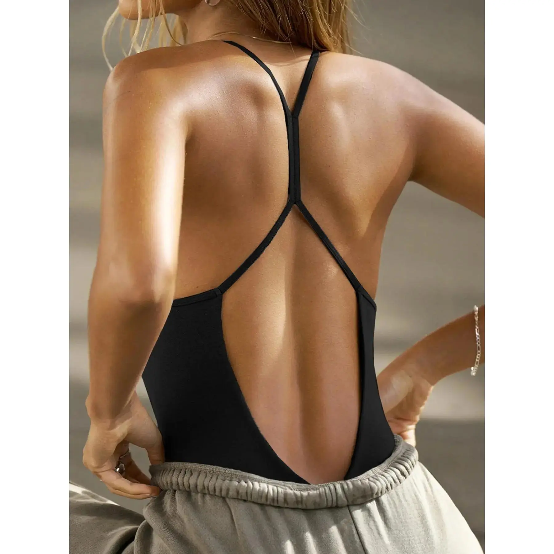 Women's Solid Backless Cami Bodysuit, Casual Street Fashion Sleeveless Bodysuit for Daily Wear, Ladies Clothes, Womenswear