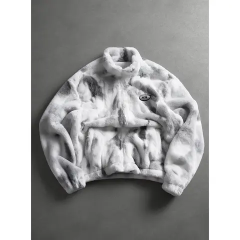 Men's Tie-Dye Faux Rabbit Fur Stand-Collar Cropped Zip-Up Jacket, Oversized Drop-Shoulder Design with Small Logo Patch, Street Style Warm Fall Winter Outerwear, Jackets
