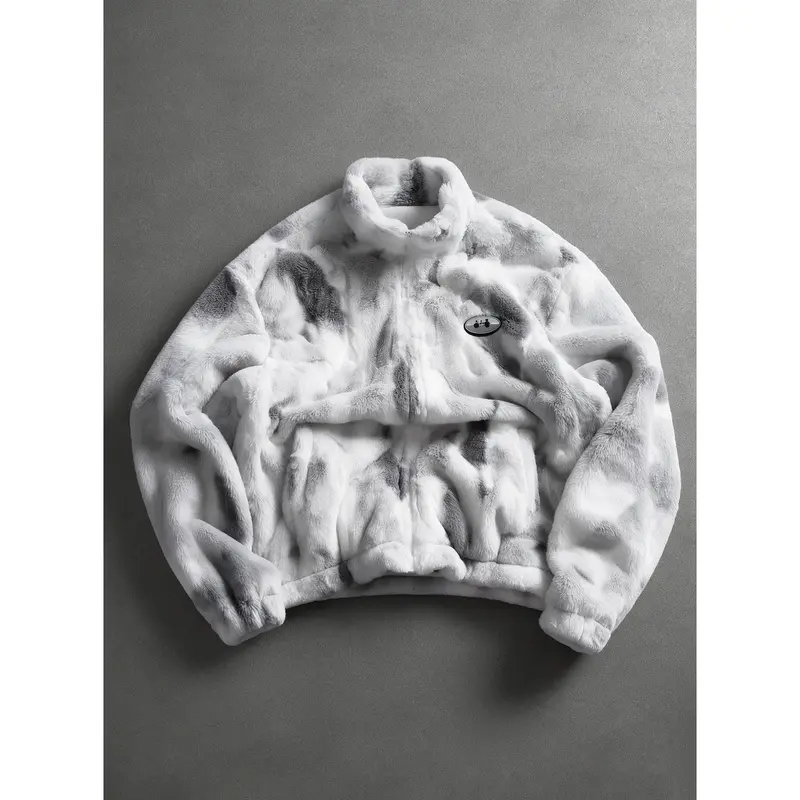 Men's Tie-Dye Faux Rabbit Fur Stand-Collar Cropped Zip-Up Jacket, Oversized Drop-Shoulder Design with Small Logo Patch, Street Style Warm Fall Winter Outerwear, Jackets