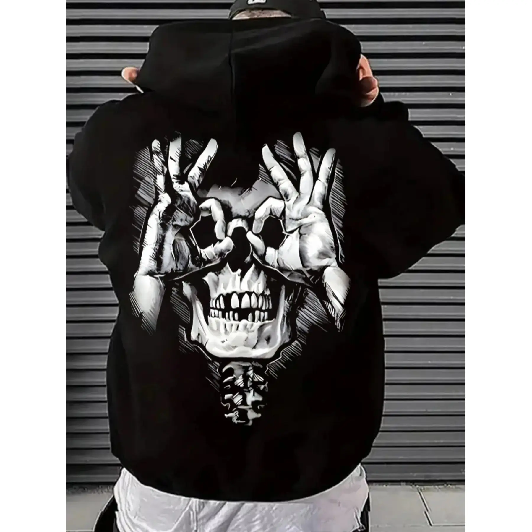 New Men's Skull Pattern Print Ribbed Cuff Hoodie, Casual Long Sleeve Hooded Sweatshirt with Pockets, Spring & Fall Fashion Top, Gothic Printed Hoodie, Streetwear Hoodie, Graphic Print Hoodie, Graphic Streetwear Clothing