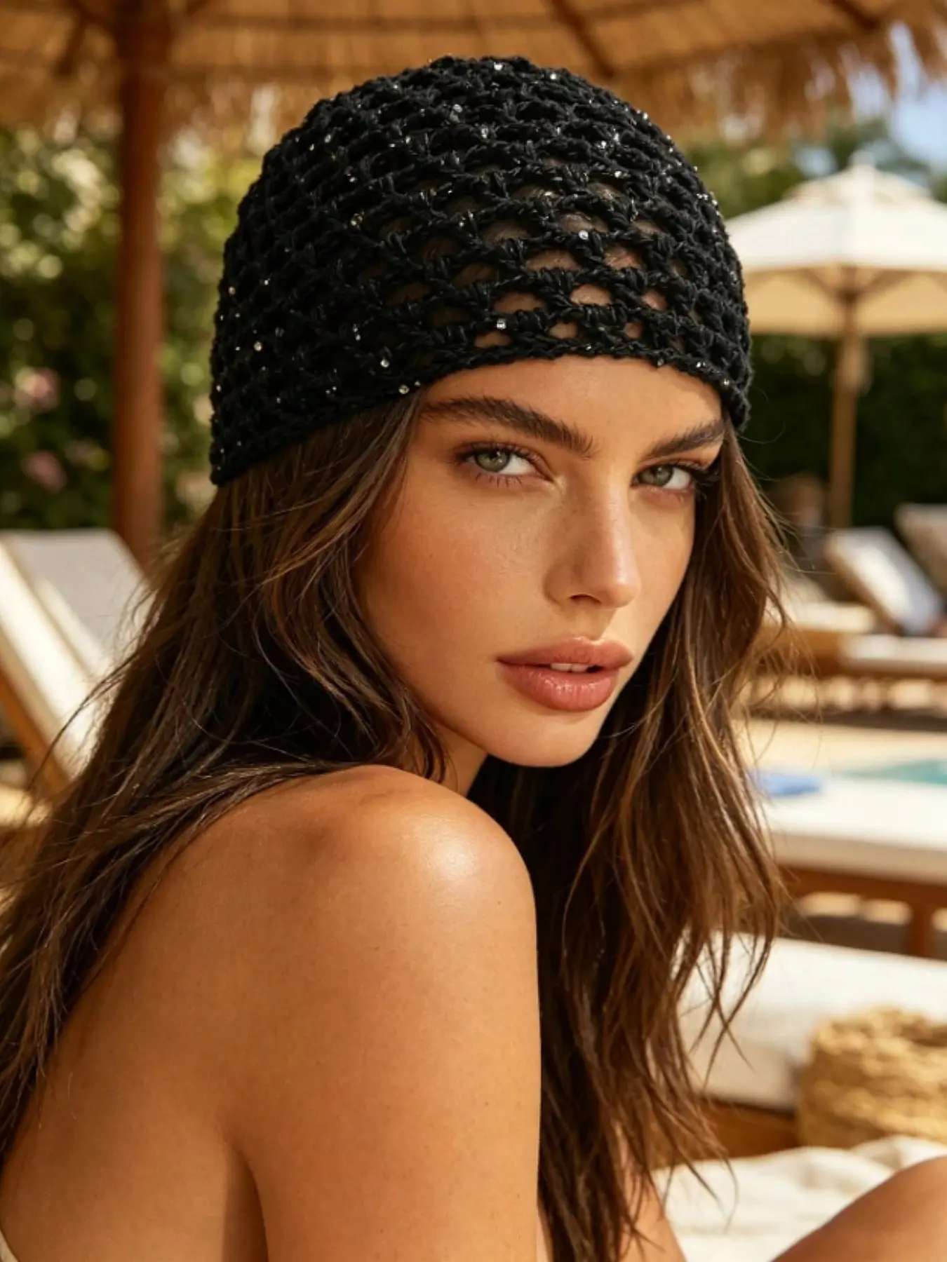 1 Vintage Sequin Hollow Knit Beanie, Bohemian Crochet Mesh Headscarf Hat, Elegant Retro Style, Perfect for Vacation & Daily Wear