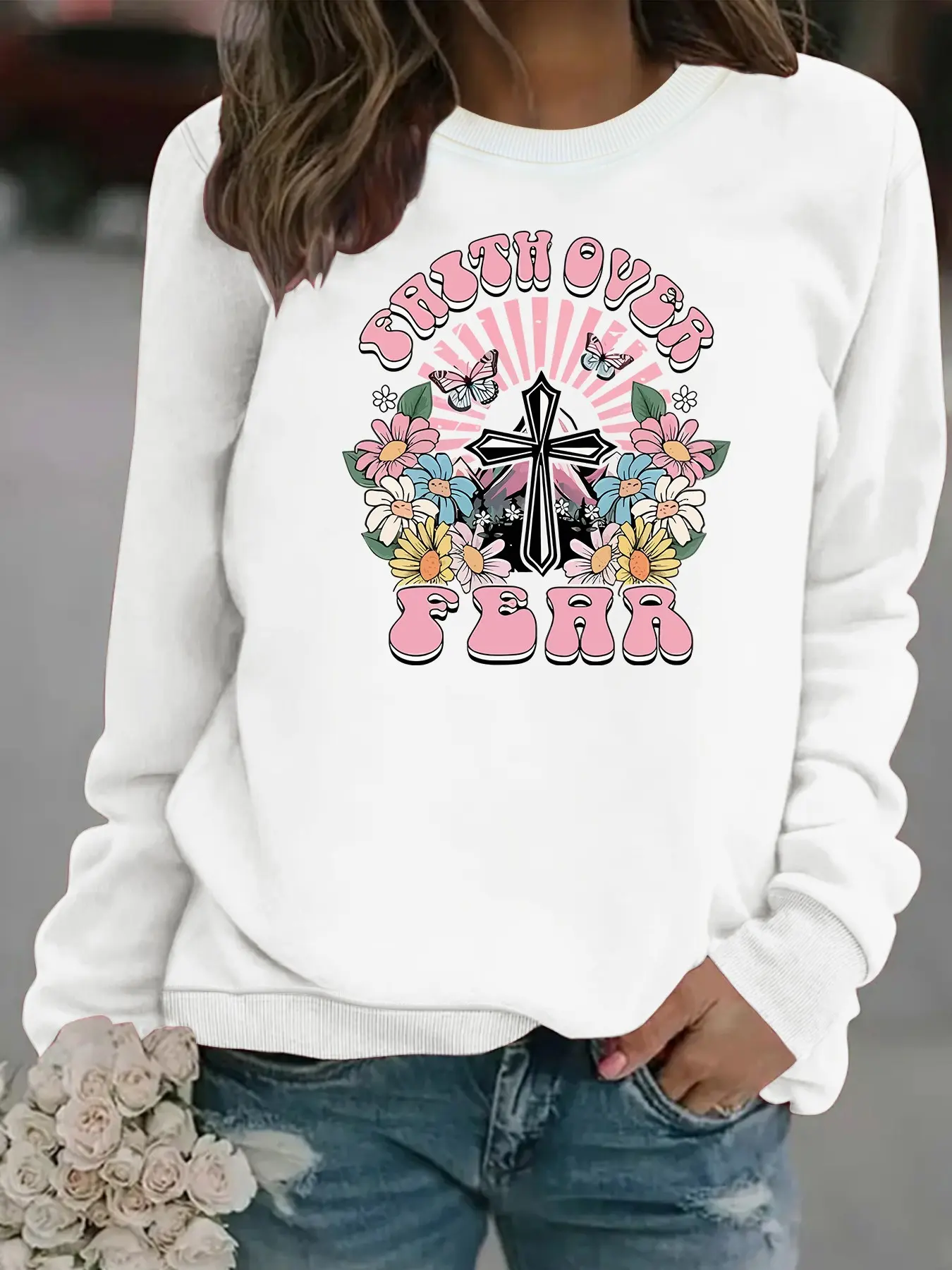 Women's Boho Daisy Graphic Sweatshirt, Soft Long Sleeve Crew Neck Fleece Pullover, Casual Fall & Winter Wear