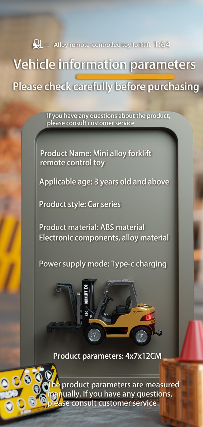 1/64 Mini RC Forklift, Remote Control Excavator, 11 Channel 2 Mode 2.4Ghz Remote Control Alloy Construction Vehicles Set with USB-C Rechargeable, 2 in 1 Transformable Lift Fork & Hook, Birthday Christmas Gift for Kids Adults Boys and Girls