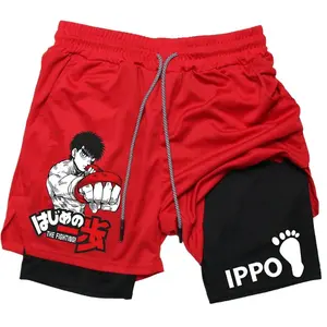 IPPO Anime Gym Shorts Men Boxing Gothic Manga 2 in 1 Compression Performance Shorts Quick Dry Athletics Short Pants Summer
