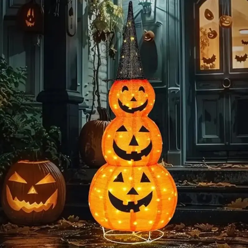 Collapsible Stacked Pumpkin Halloween Decor, Stretchable Jack-o'-Lantern with Witch Hat, 100 Warm White LED US Plug Light for Yard, Garden, Porch, Party Decor
