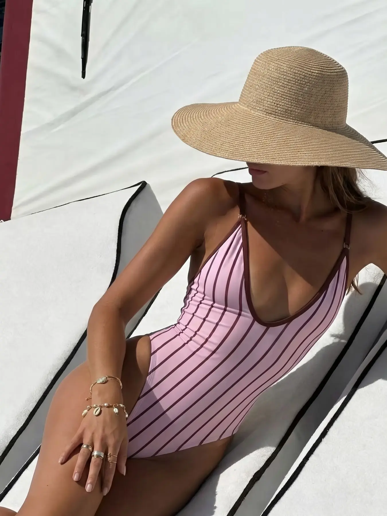 Vertical Stripes Deep V Thin Strap One-Piece Swimsuit, Colorblock Trim Adjustable Shoulder Straps High Split Vacation Swimwear