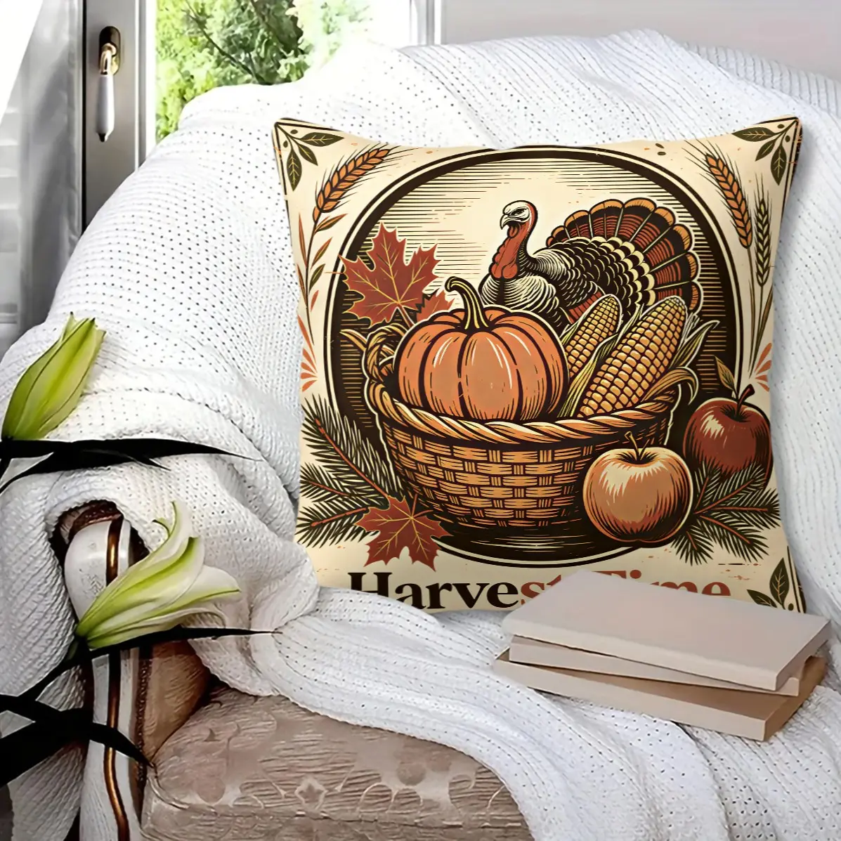 45x45cm 1Pc Vintage Print Turkey Pumpkin Wheat Maple Leaf Throw Pillow, Washable, Trend Print, Plush Soft Insert Decor Cushion For Sofa Bay Window Living Room (With Pillow Insert)