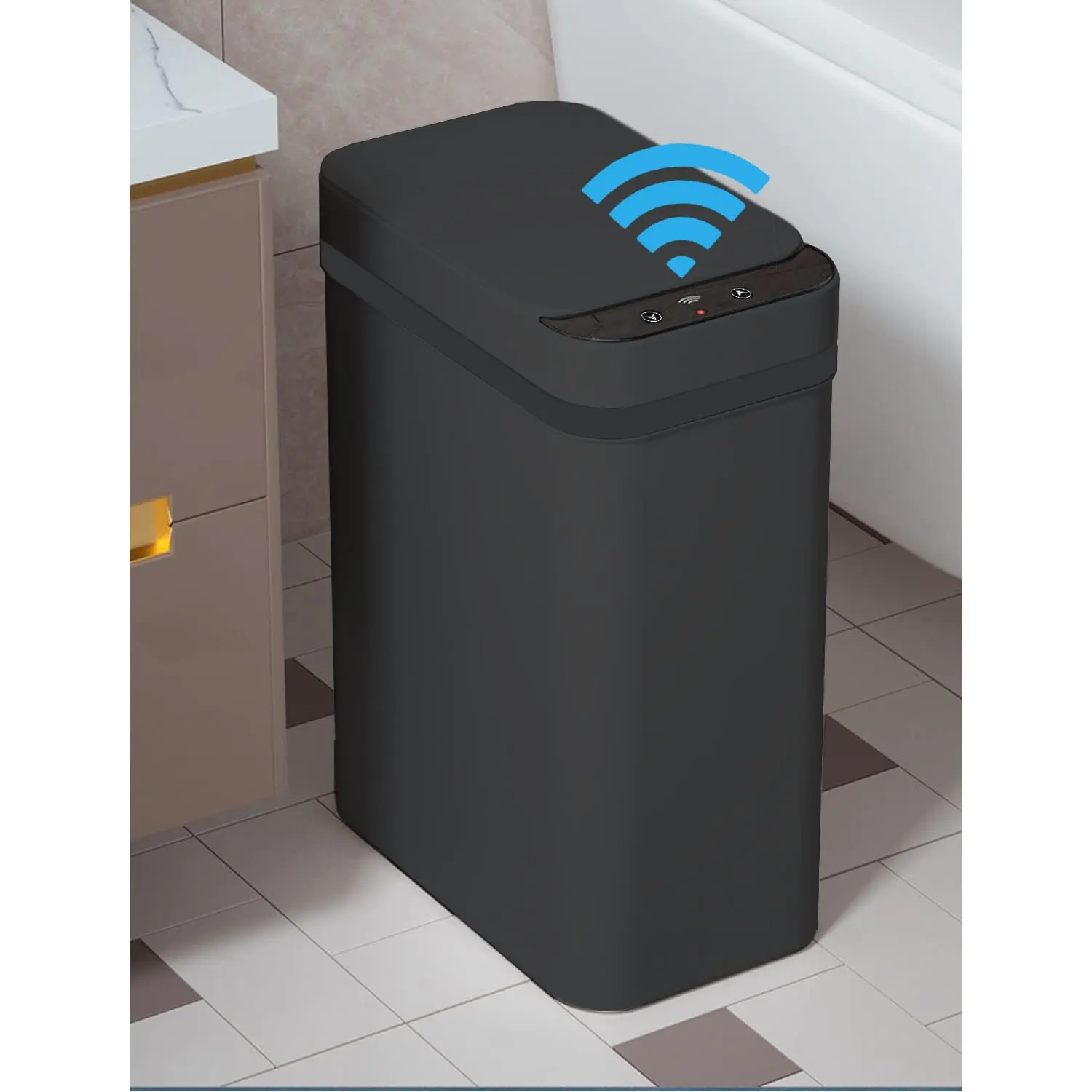 Touchless Bathroom Trash Can - 2.5 Gallon Smart Trash Can Sensor Motion - Skinny Trash Bin with Lid - Electric, Narrow, Plastic, Auto Open - Small Slim Automatic Garbage Can (Black)