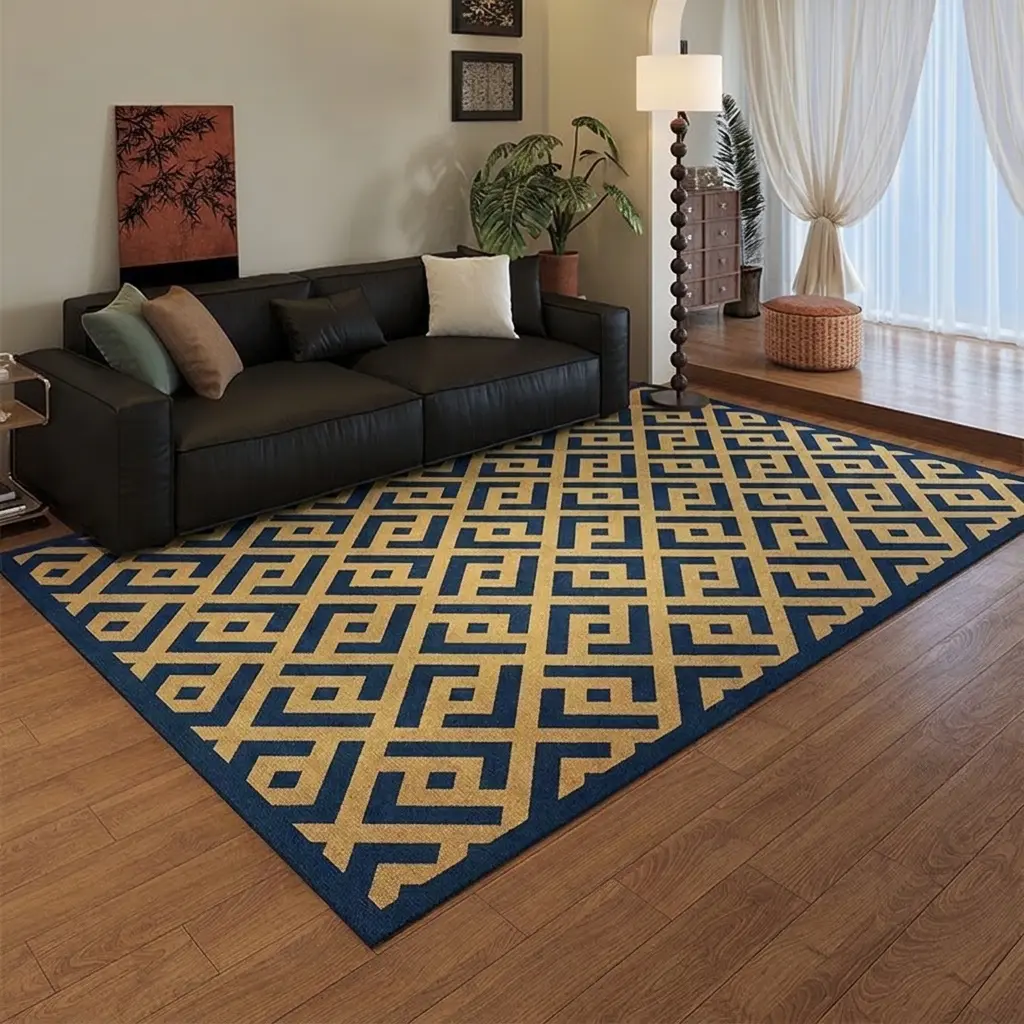 Mid-Century Modern Greek Key Single Rug, 140x200cm (4.59'x6.56') Retro Square Geometric Art Interlocking Maze Pattern, Non-Slip Indoor Carpet for Living Room, Bedroom Home Decor