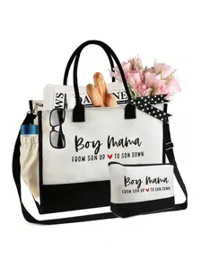 "Boy Mama From Son Up To Son Down" Letter Tote Bag And Makeup Bag,Initial Canvas Handbag, Cosmetic Bag,Personalized Present Bag, Suitable For Wedding, Birthday, Beach, Holiday,School Bag , Is A Great Gift For Women, Mom, Teachers, Friends