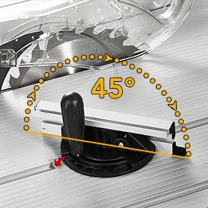 GARVEE 10 Inch 15A Table Saw with 5000RPM Power, Bevel Cutting Capability, and Included Stand for Versatile Woodworking Projects and Precise 90°/0-45° Cuts, Ideal for Professionals and DIY Enthusiasts.