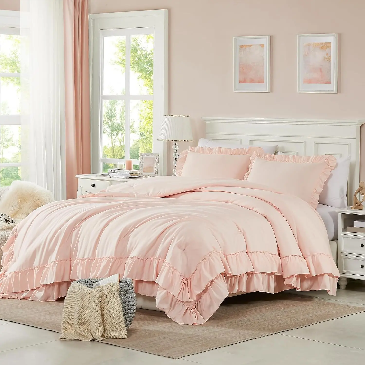Blush Pink Comforter Set Queen, 3Pcs Comforters Queen Size Ruffle Farmhouse Bedding Sets Queen with Comforter, Lightweight Soft Shabby Chic Bedding Comforter Set Fluffy for All Season