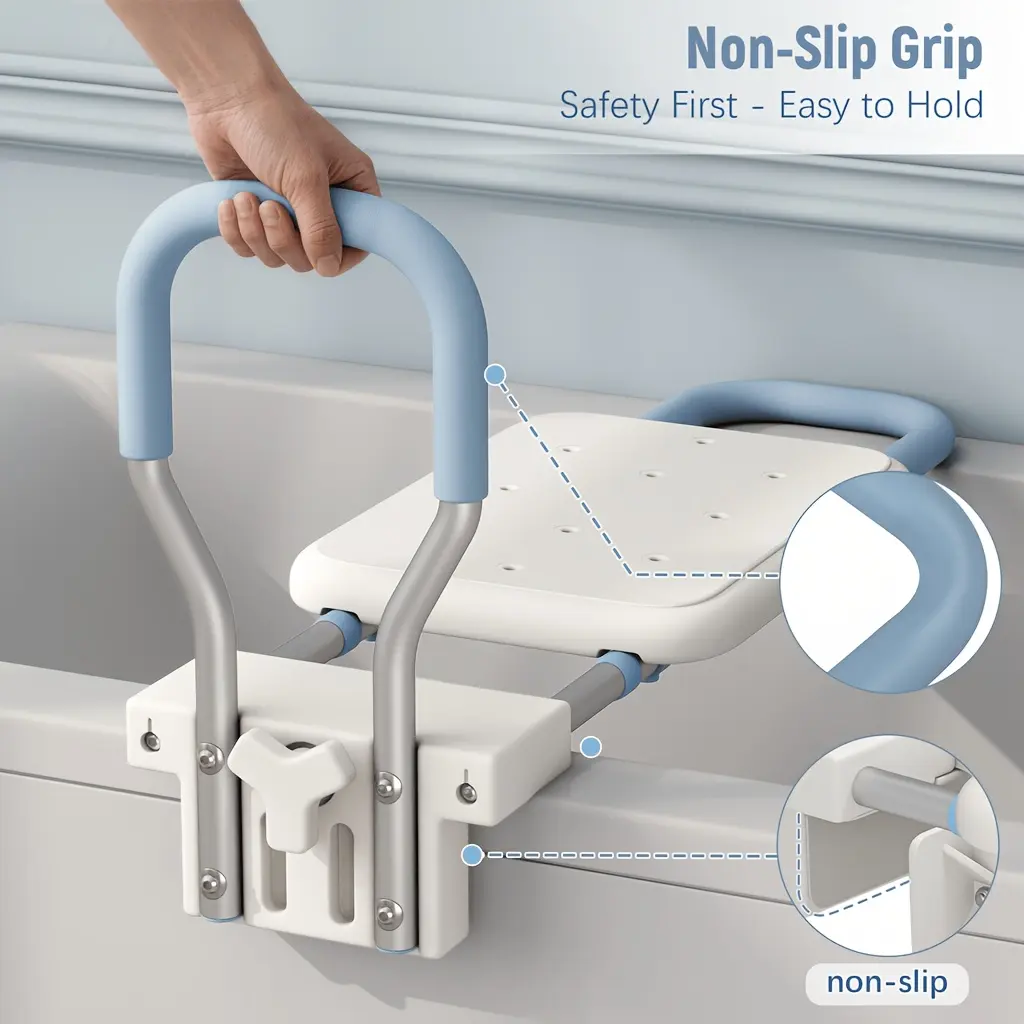 Rectangular Adjustable Indoor Bath Safety Support Seat with Safety Handle, Wide Non-Slip Bath Chair for Seniors, 3-Width Sizes Fit 26.8'-31.8' Tubs