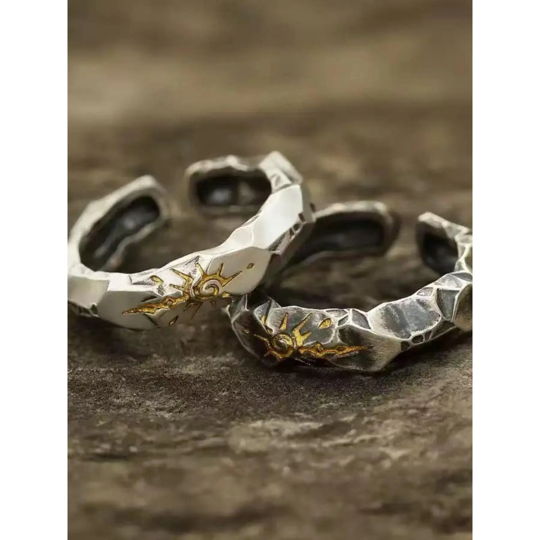 Adjustable Sun Rune Wish Stone Ring Set, unisex retro geometric costume jewelry with neutral vintage styling. Comfortable open adjustable bands fit most fingers, ideal daily stackable rings for parties, carnival, holidays and romantic Valentine’s Day gift