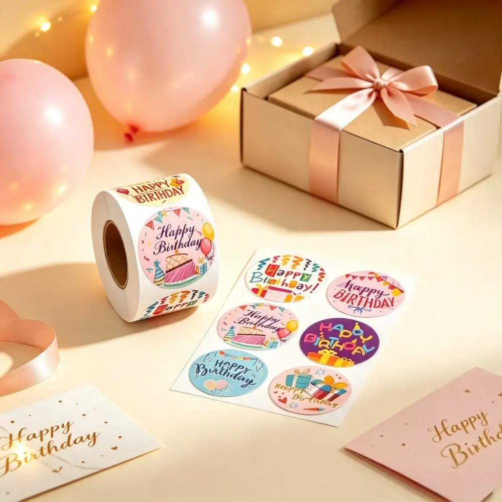 500 stickers/roll Happy Birthday stickers, decorative stationery circular stickers, gift packaging colors, envelopes, sealed labels, adhesive stickers, Circle Stickers