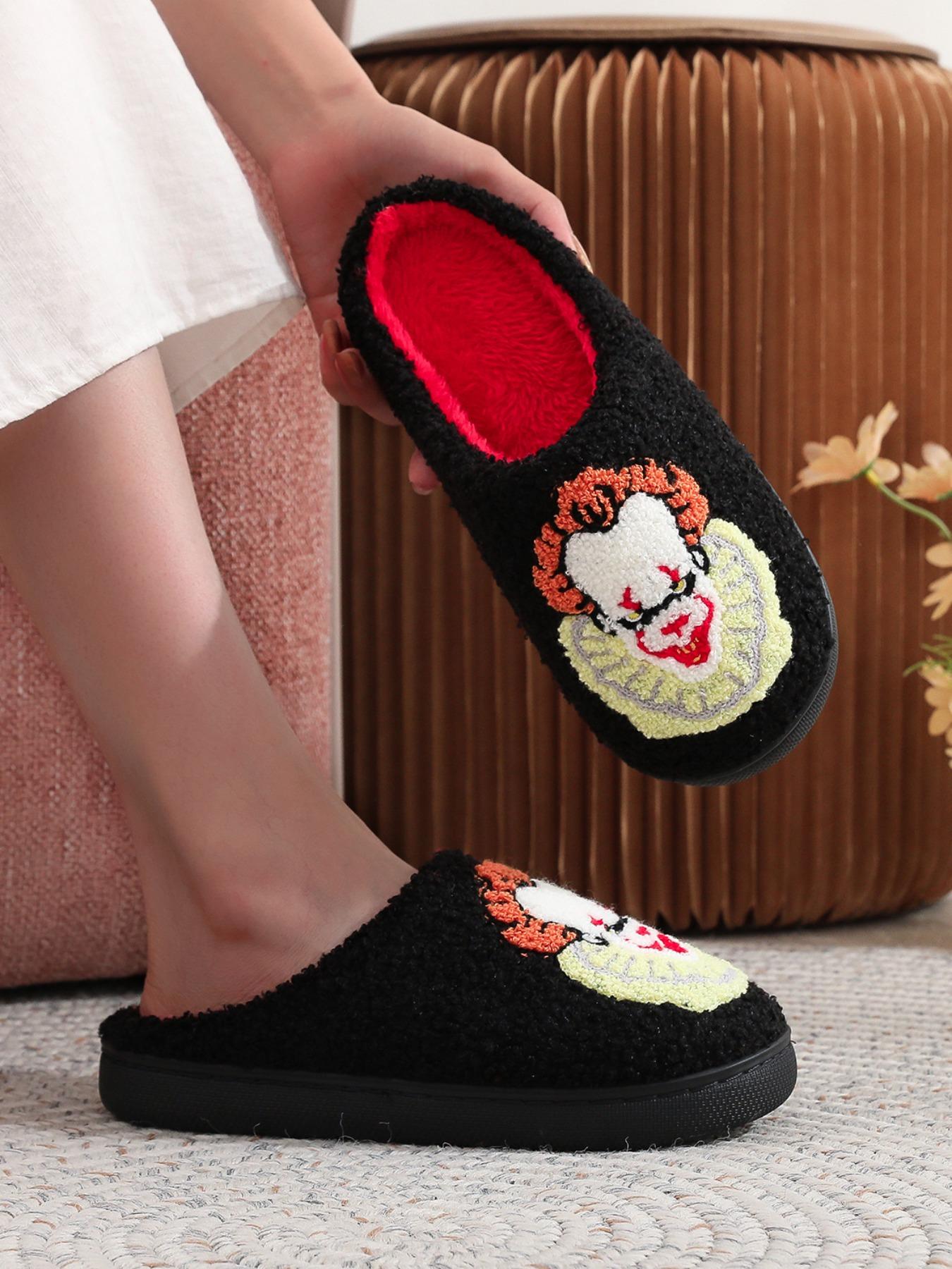 Horror Clown Embroidered Plush Slippers, Soft Comfortable Home Shoes for Men & Women, Perfect Halloween Gift, All Seasons Wear