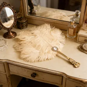 Vintage Palace Style Luxury Ostrich Feather Fan, Handle, Diamond & Pearl Inlay, Photography Prop, Party Fan, Wedding Hand Fans, Home Decor